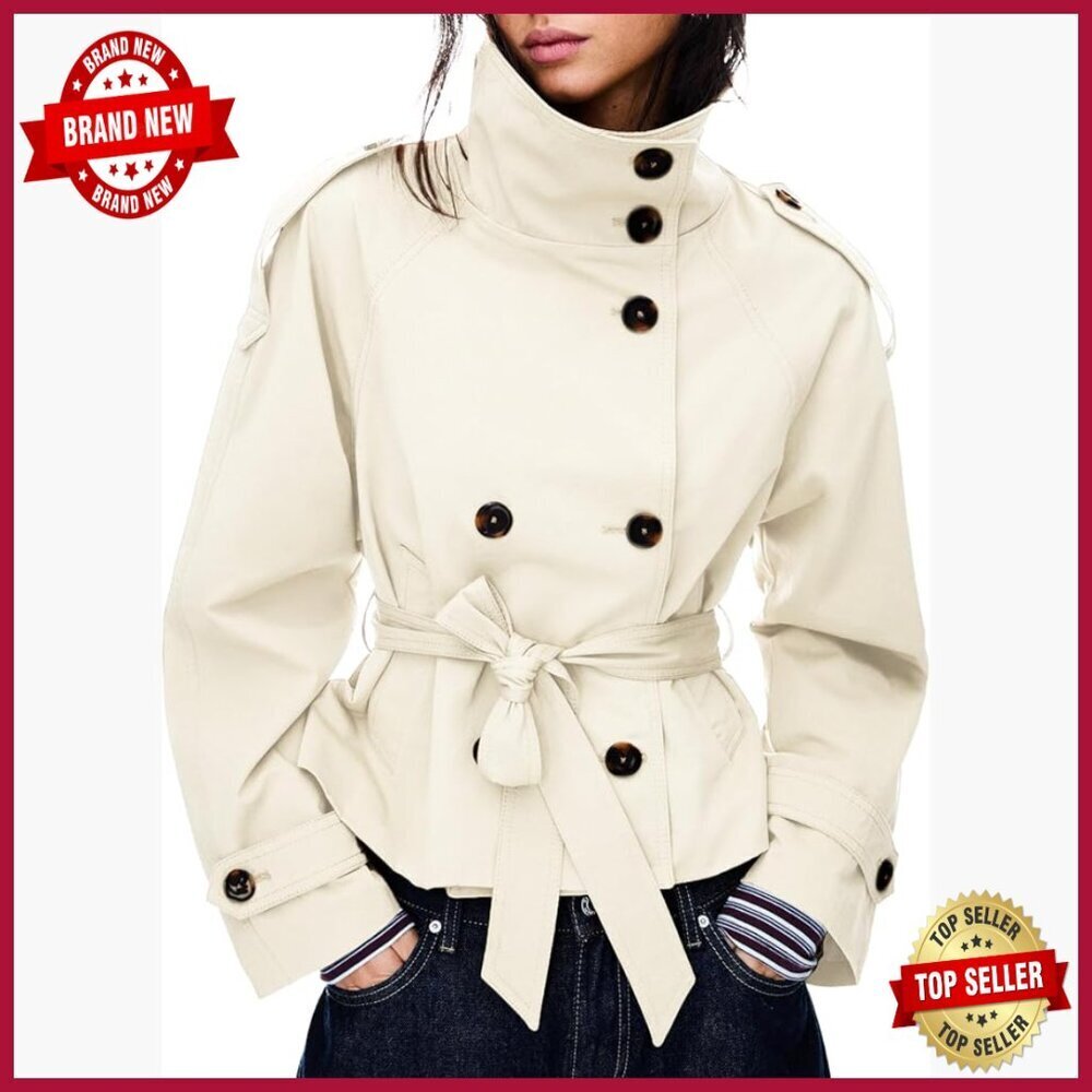 Cropped Trench Coat Double Breasted Belted Jacket Hip Length Fall Winter